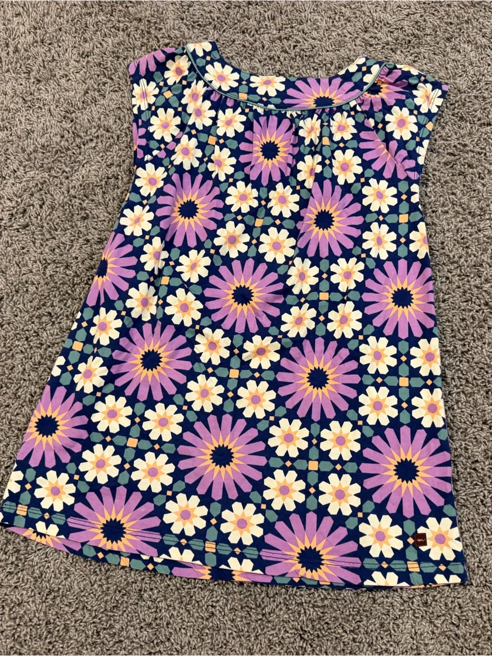 Tea Collection Floral Sleeveless Shift Dress in Navy, Purple & Cream, Size 7